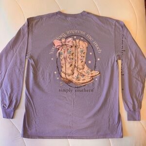 Simply Southern lavender tee with boot design “you don’t impress me much”